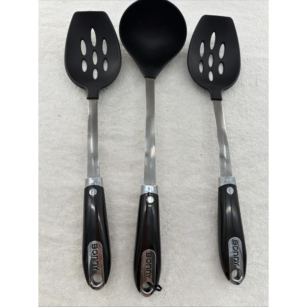 3 Piece Bonny Ergonomic Nylon Metal Plastic Black Serving Spoons Utensils